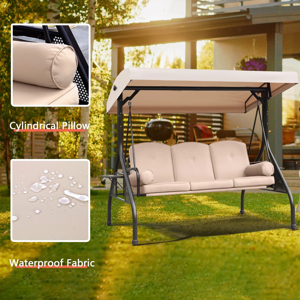 3-Seat Patio Porch Swing with Adjustable Canopy K65135