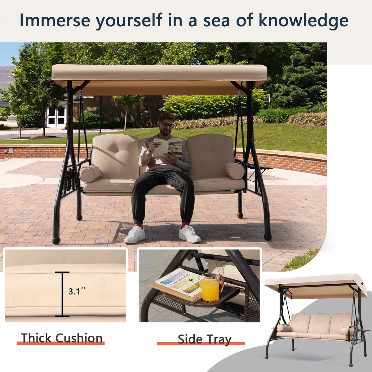 3-Seat Patio Porch Swing with Adjustable Canopy K65135