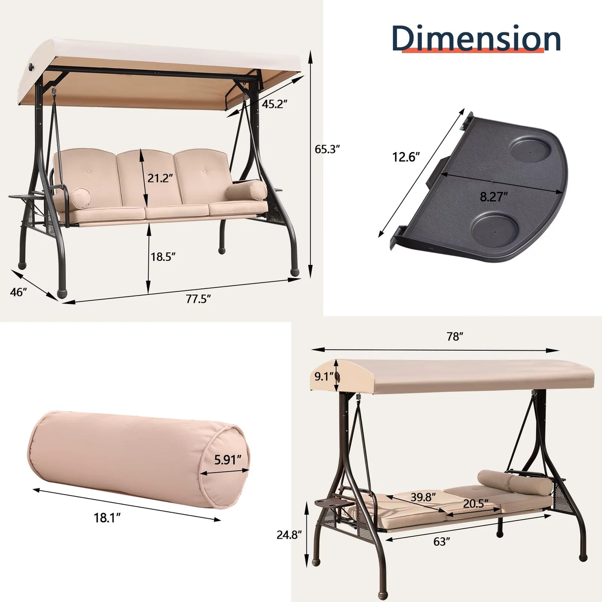 3-Seat Patio Porch Swing with Adjustable Canopy K65135