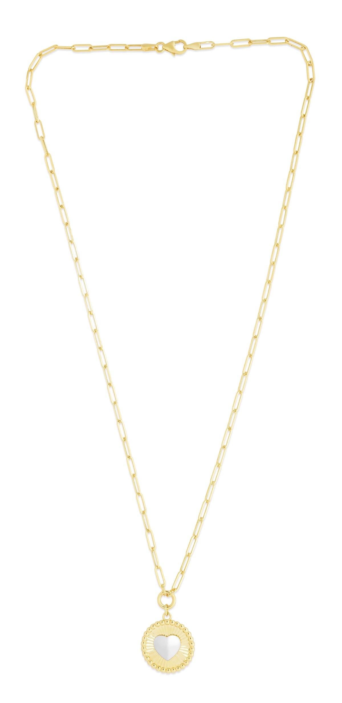 14K Yellow Gold Heart Two-tone Medallion Necklace on Paperclip Chain with Lobster Clasp - 18" J95199