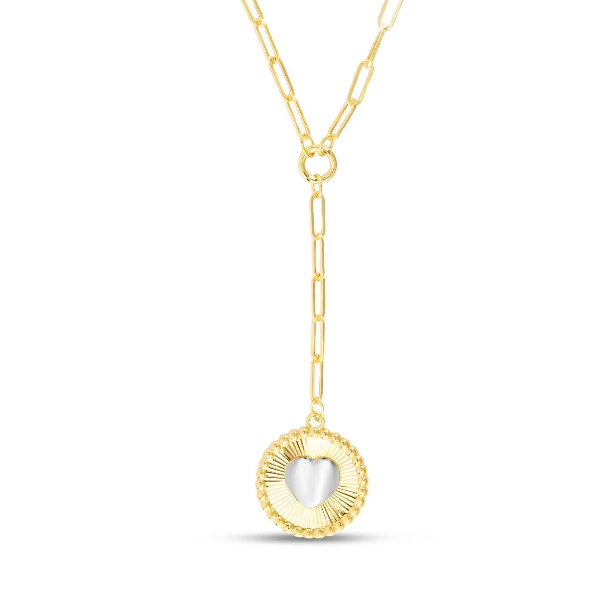 14K Yellow Gold Heart Two-tone Medallion Necklace on Paperclip Chain with Lobster Clasp - 18" J95199
