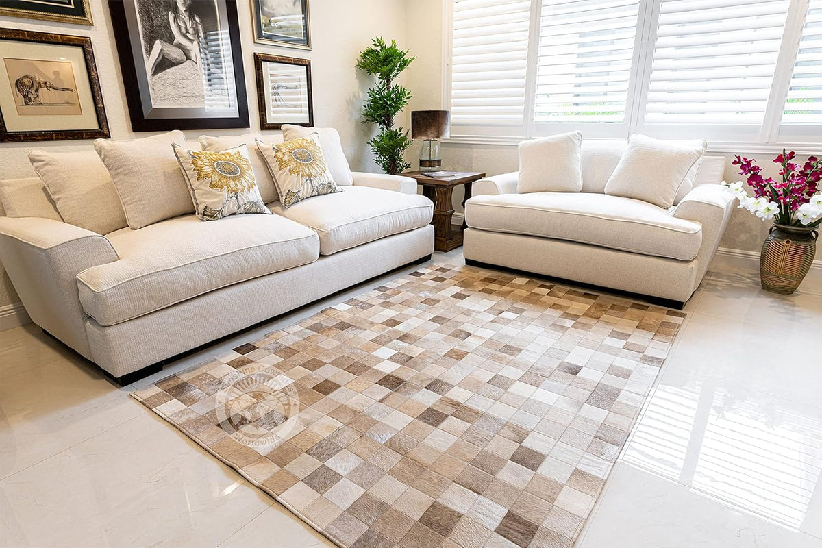 100% Genuine Patchwork Cowhide Rug - Taupe-Champagne, Medium (4x6 Ft.) O320