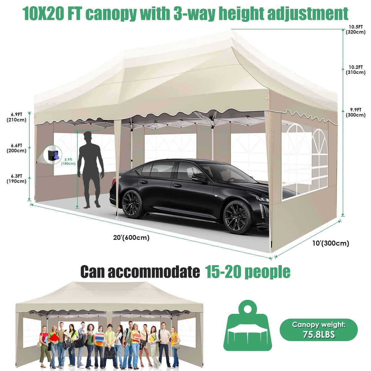 10' x 20' Pop up Canopy Tent with 6 Removable Sidewalls & Carry Bag W73327