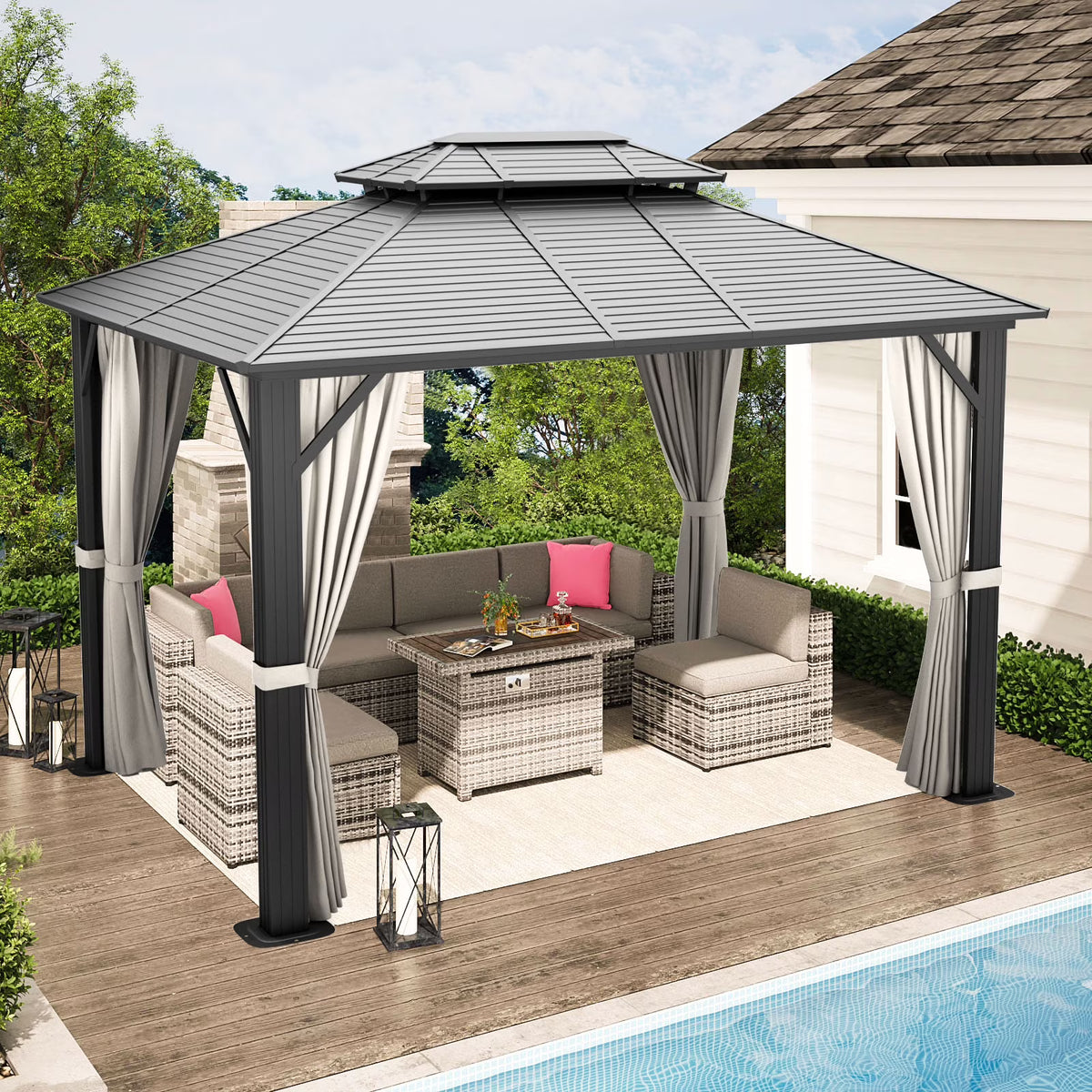 10’ x 12’ Hardtop Aluminum Frame Patio Gazebo with Netting and Curtains U32883