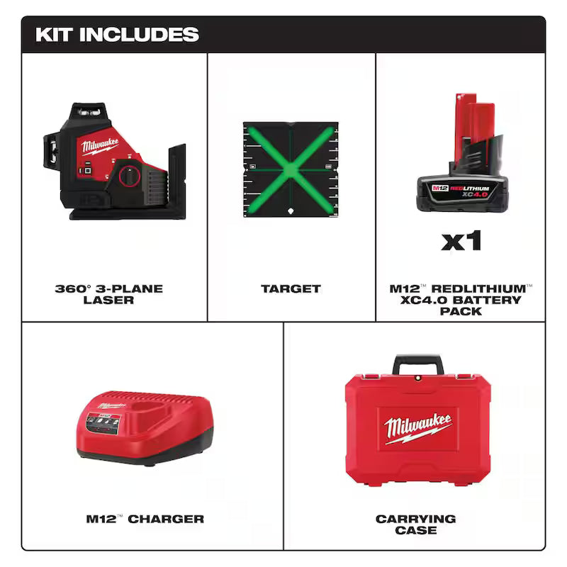 12-Volt Cordless Green 3-Plane Laser Level Kit with Laser Distance Meter M191031