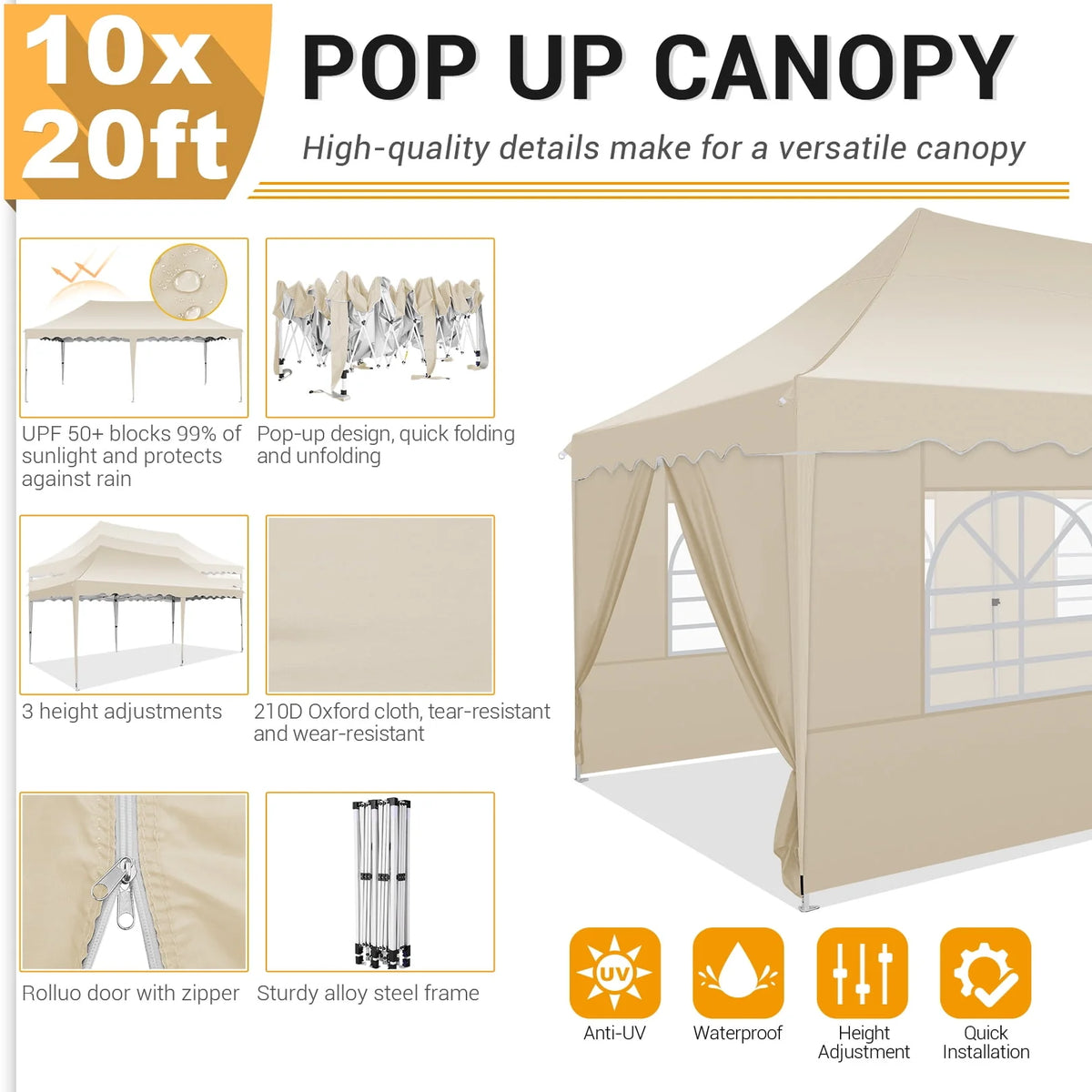 10' x 20' Pop up Canopy Tent with 6 Removable Sidewalls & Carry Bag W73327
