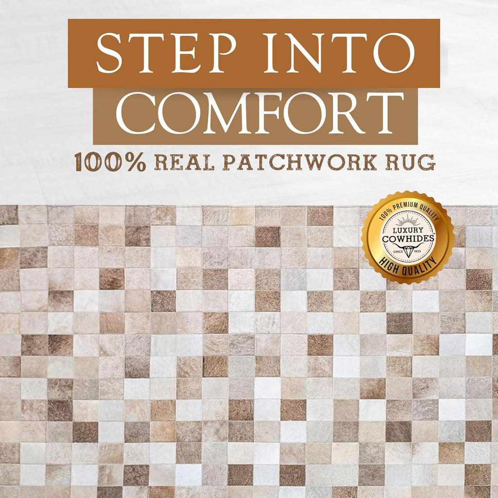 100% Genuine Patchwork Cowhide Rug - Taupe-Champagne, Medium (4x6 Ft.) O320