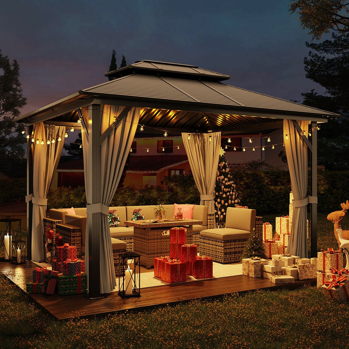 10’ x 12’ Hardtop Aluminum Frame Patio Gazebo with Netting and Curtains U32883