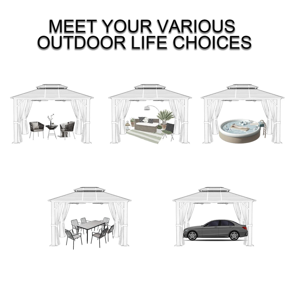 10’ x 12’ Hardtop Aluminum Frame Patio Gazebo with Netting and Curtains U32883