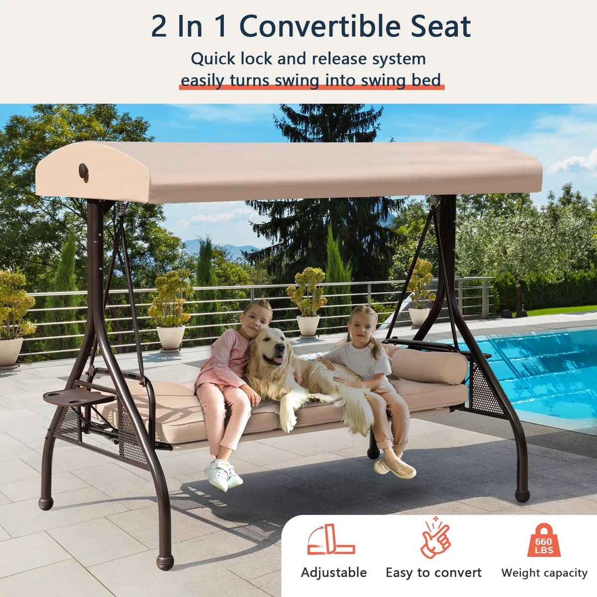 3-Seat Patio Porch Swing with Adjustable Canopy K65135