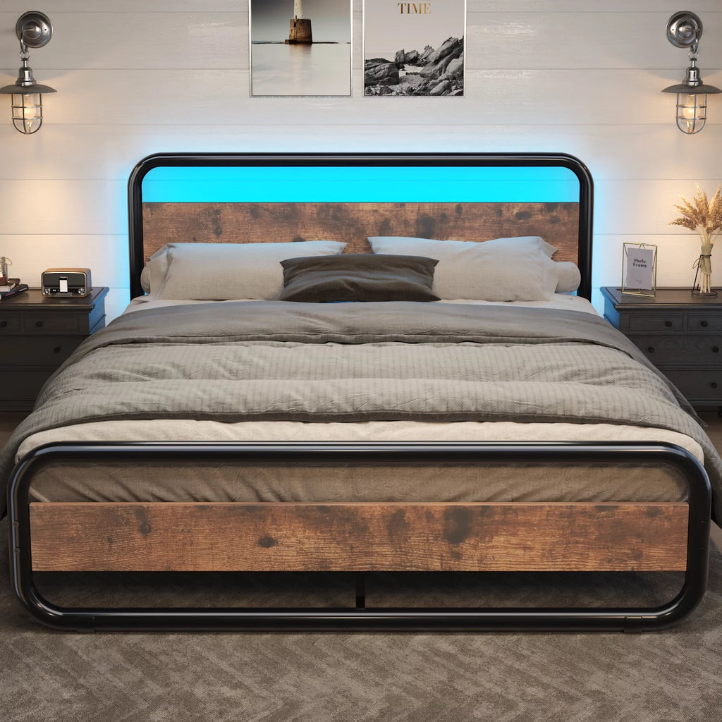 King Size LED Headboard Metal Platform Bed Frame Y207307