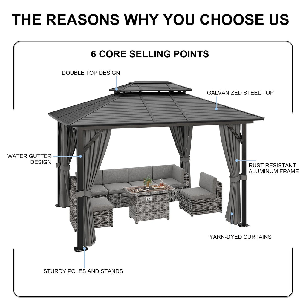 10’ x 12’ Hardtop Aluminum Frame Patio Gazebo with Netting and Curtains U32883