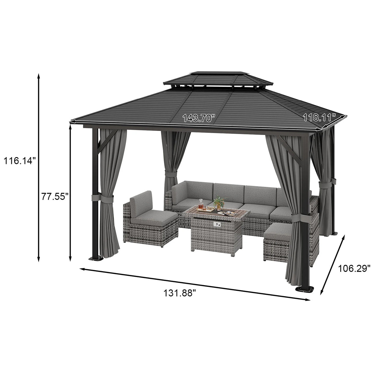 10’ x 12’ Hardtop Aluminum Frame Patio Gazebo with Netting and Curtains U32883