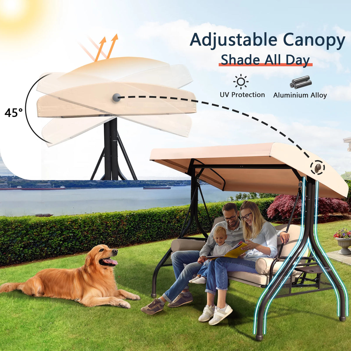 3-Seat Patio Porch Swing with Adjustable Canopy K65135